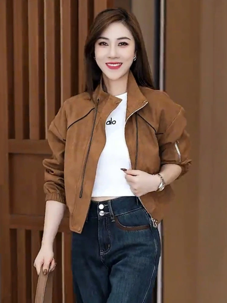 Faionable Retro Suède ort Jaet Dames Casual Veelzijdig Katoen Gevoerd Lente 2025, Vroeg Seizoen Sli Top