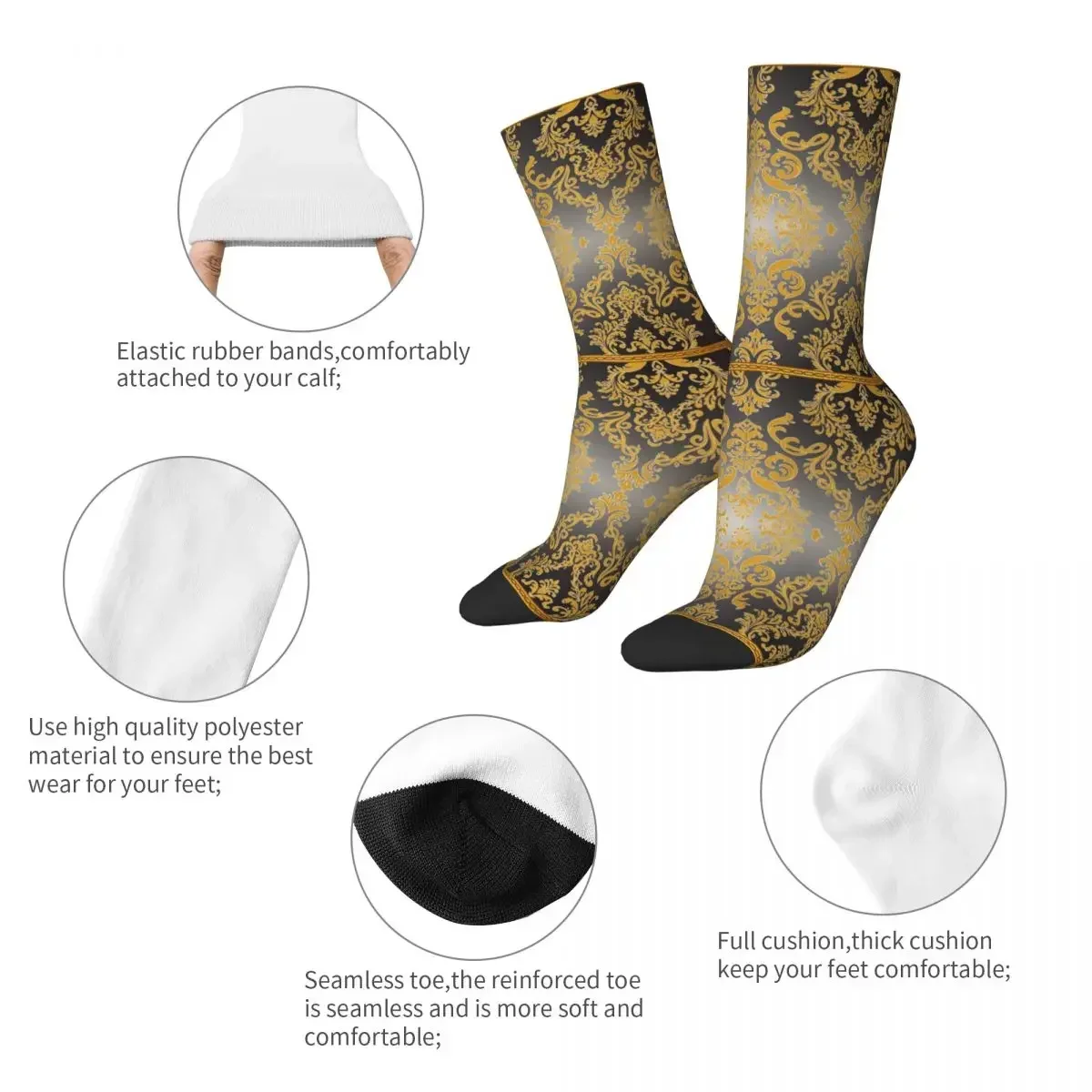 Fashion Greek Key Ornate Floral Baroque Black Silver And Gold Football Socks Polyester Middle Tube Socks for Women Men