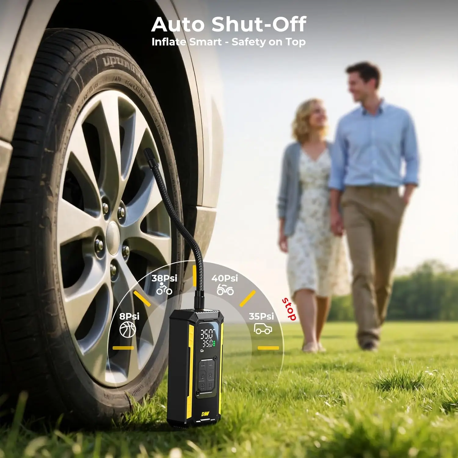 デジタルゲージ付きポータブルタイヤインフレーター、車、オートバイ、自転車用150 PSIエアコンプレッサー - 自動停止機能＆LED