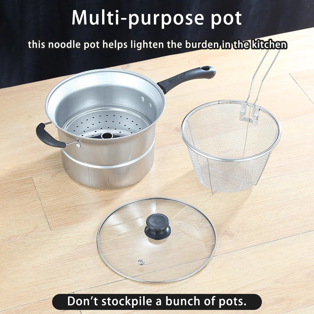 

Набор посуды 3-в-1 из нержавеющей стали, включая корпус кастрюли + стеклянную крышку + корзина для глубокой фритюрницы, вставка для пароварки и многофункциональный инструмент со стеклянной крышкой