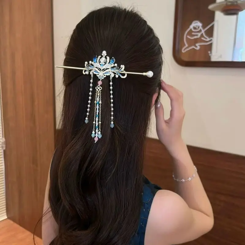 New Chinese Style Headwear Beads Flower Tassels Alloy Hair Sticks for Women Ladies Decorate Hair Clip Hanfu Hair Accessories