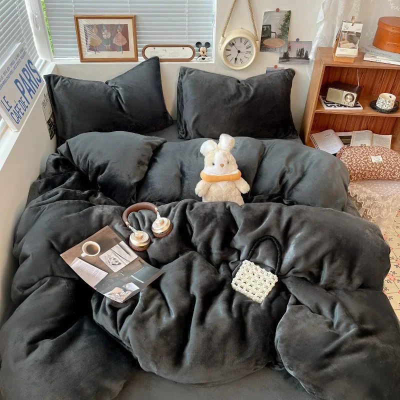 olid color thickened milk fleece bed sheet four-piece set color matching winter coral fleece student dormitory