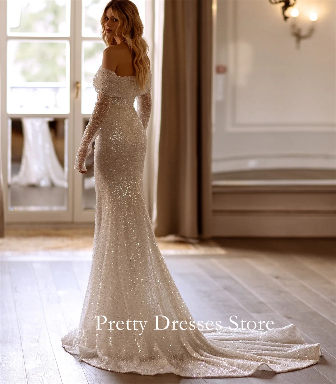 Off Shoulder 2025 Style Garden Customized Ivory Sweep Train Fancy Wedding Dresses Mermaid Sequined Bride Growns Party Women