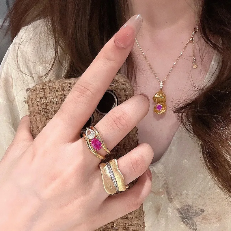 Fashion Pink White Zircon Geometric Rings for Women New Stainless Steel Adjustable Ring Bridal Wedding Jewelry Accessories Gift