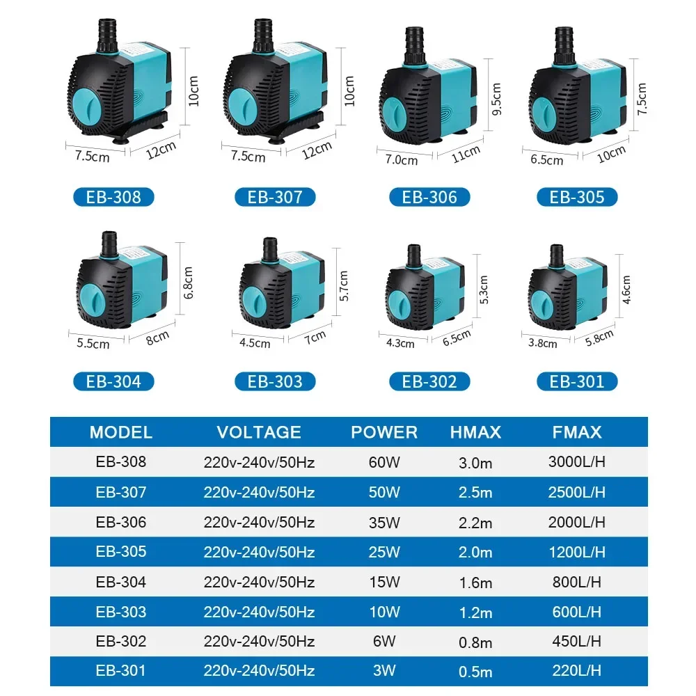 Pompa per fontana sommergibile per acquario con pompa dell\'acqua 3 ~ 60W con Set di tubi dell\'acqua 110V/220V