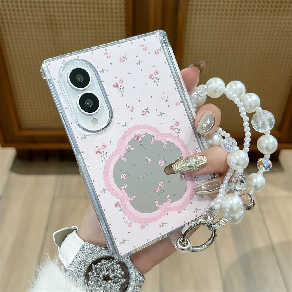 Cute Floral Mirror Bead Pearl Phone Case For Samsung Galaxy Z Fold 8 Ultra Z Fold 7 6 Shockproof Hard Protective Cover Girls