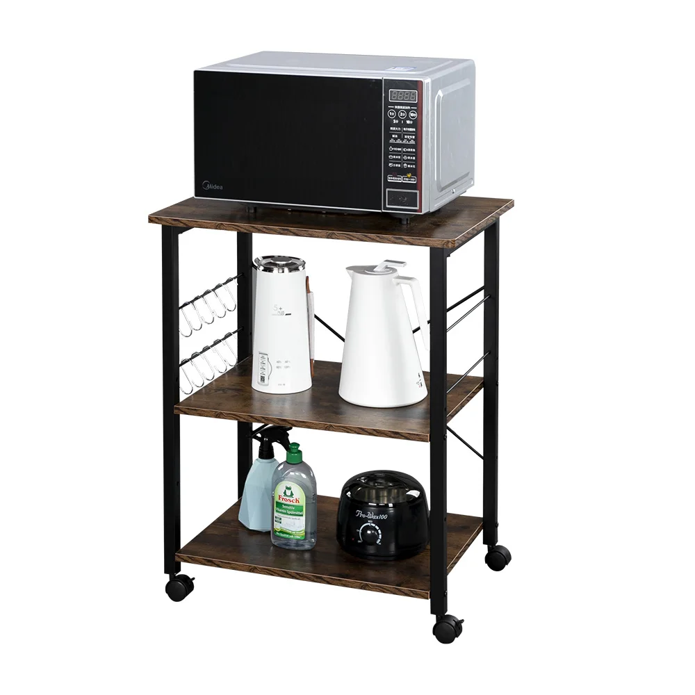 

Baker's Rack 3-Tier Kitchen Utility Microwave Oven Stand Storage Cart Workstation Shelf Vintage Board Top Black Metal Frame