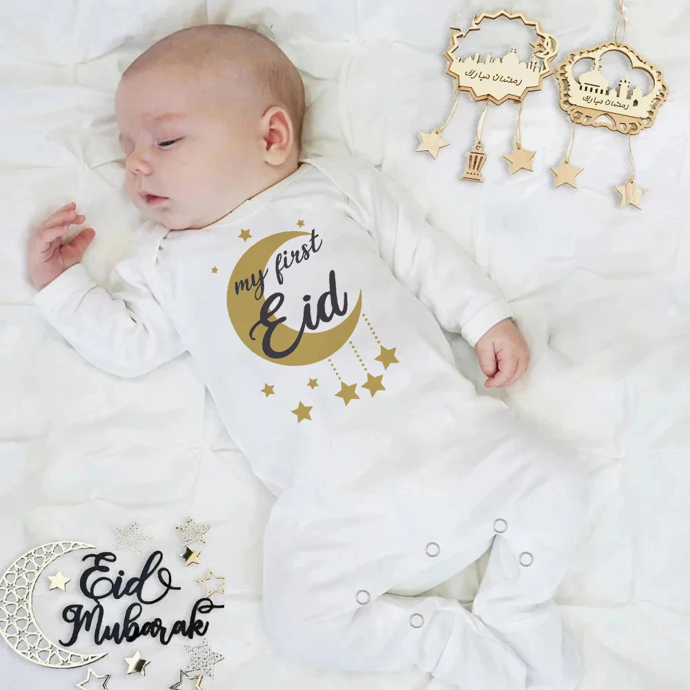 My First Eid Print Baby Bodysuit Newborn Sleepsuit Infant Long Sleeve Romper Eid Ramadan Islamic Muslim Infant Keepsake Outfit