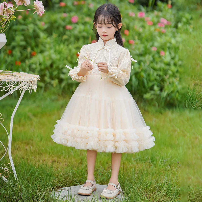 Robe de demoiselle d'honneur de style chinois pour enfants, tutu en maille de dentelle princesse, robe de mariage, robe de fête de Noël, cadeau d'anniversaire pour filles, 03 robes