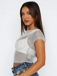 Sexy Streetwear O-Neck Crop Top Women Clothing Y2k Accessories Silver Tshirt See Through Feminist Shirt Long Sleeve Ropa Mujer