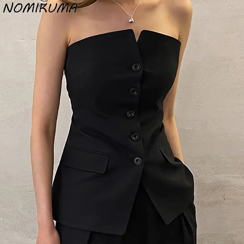 Nomikuma Black Sleeveless Vest Tops Women Summer 2023 New Fashion Sexy Strapless Tanks Causal Single Breasted Slim Tank Top