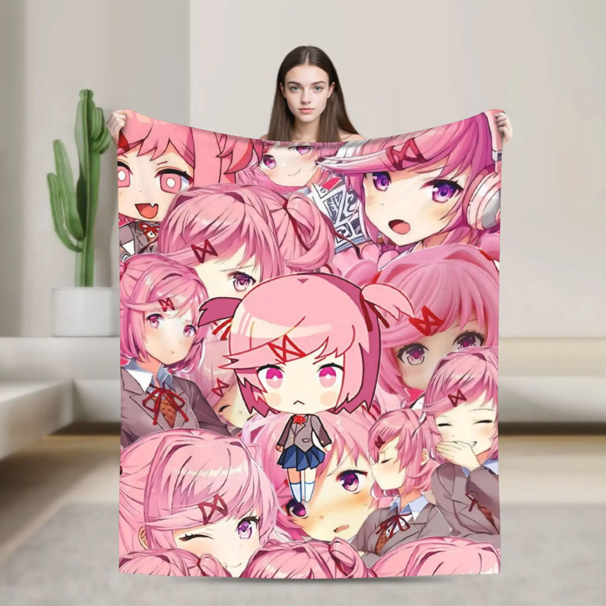 Natsuki DDLC Fleece Throw Blanket Anime Blanket for Bedding Couch Lightweight Thin Quilt Pink