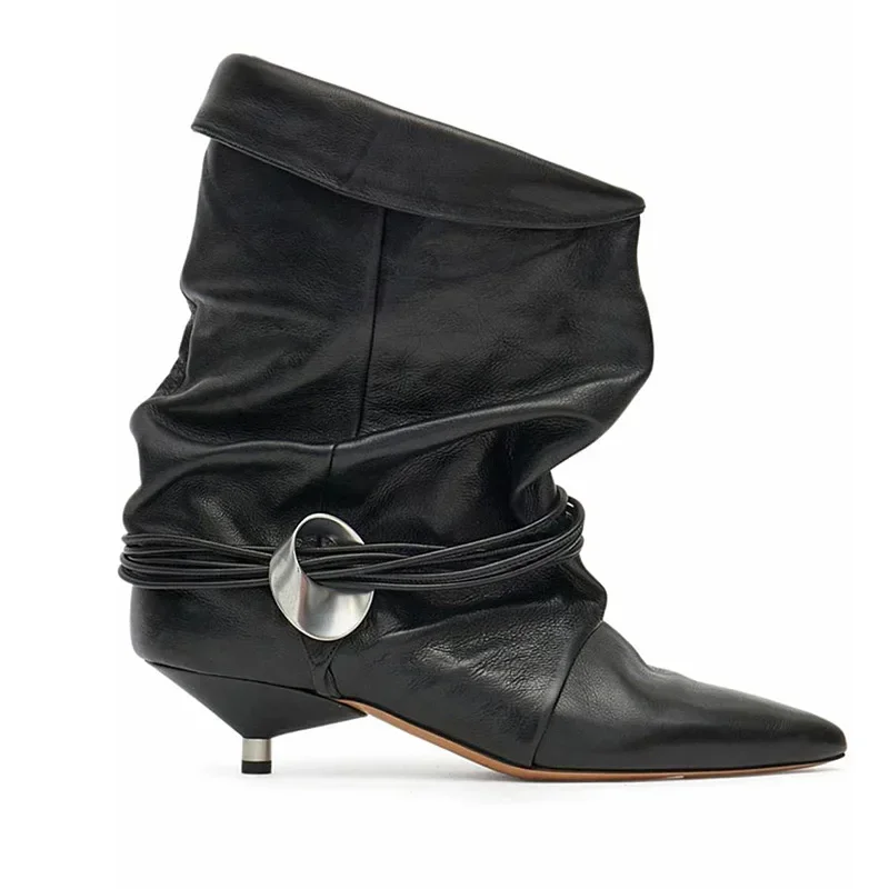 Autumn and Winter New Women\'s Thin Heel Short Boots Fashion Pointed Wide Tube Low Heel Wrinkled Women\'s 34-44 Large Ankle Boots