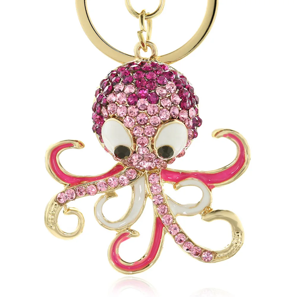 Dalaful Cute Octopus Keychain Keyring Crystal Ocean Animal Purse Handbag Bags Pendant Key Chain Ring Holder For Car Women K377