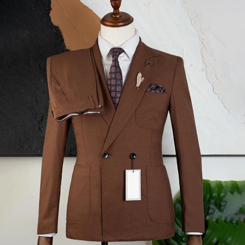 

Formal Brown Men's Suits Fashion Double Breasted Peak Lapel Slim Fit Male Clothing High Quality Office 2 Piece Jacket Pants