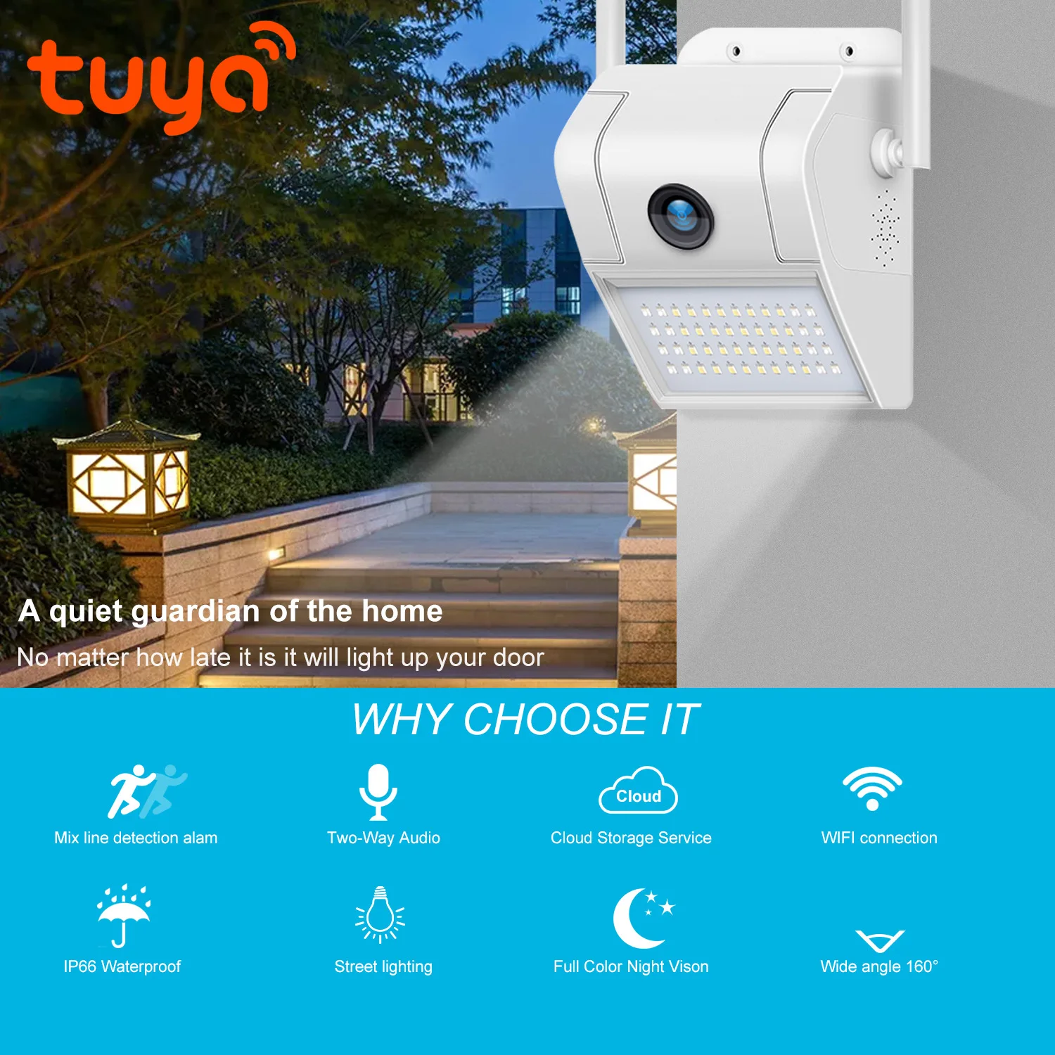 2MP 1080P Tuya APP Floodlight Courtyard Lamp Camera Full Color Intercom Street IP Camera 160Degree Outdoor Water-proof Monitor