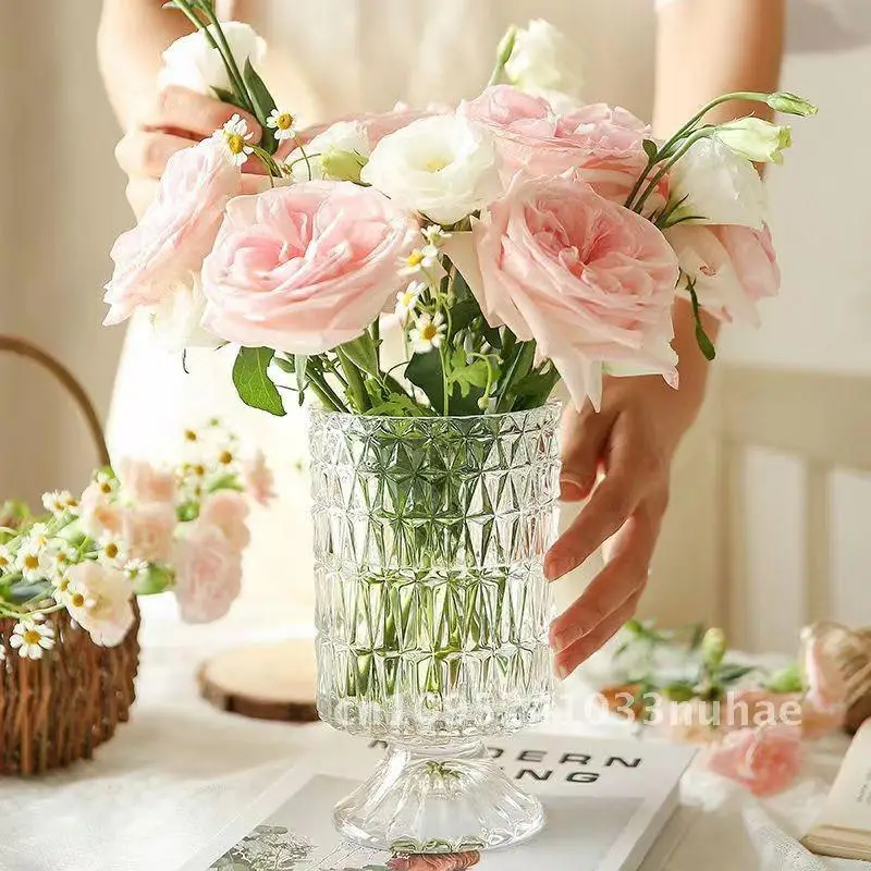 

French-style embossed texture glass vase for flower cultivation household glass transparent high-end decorative ornaments