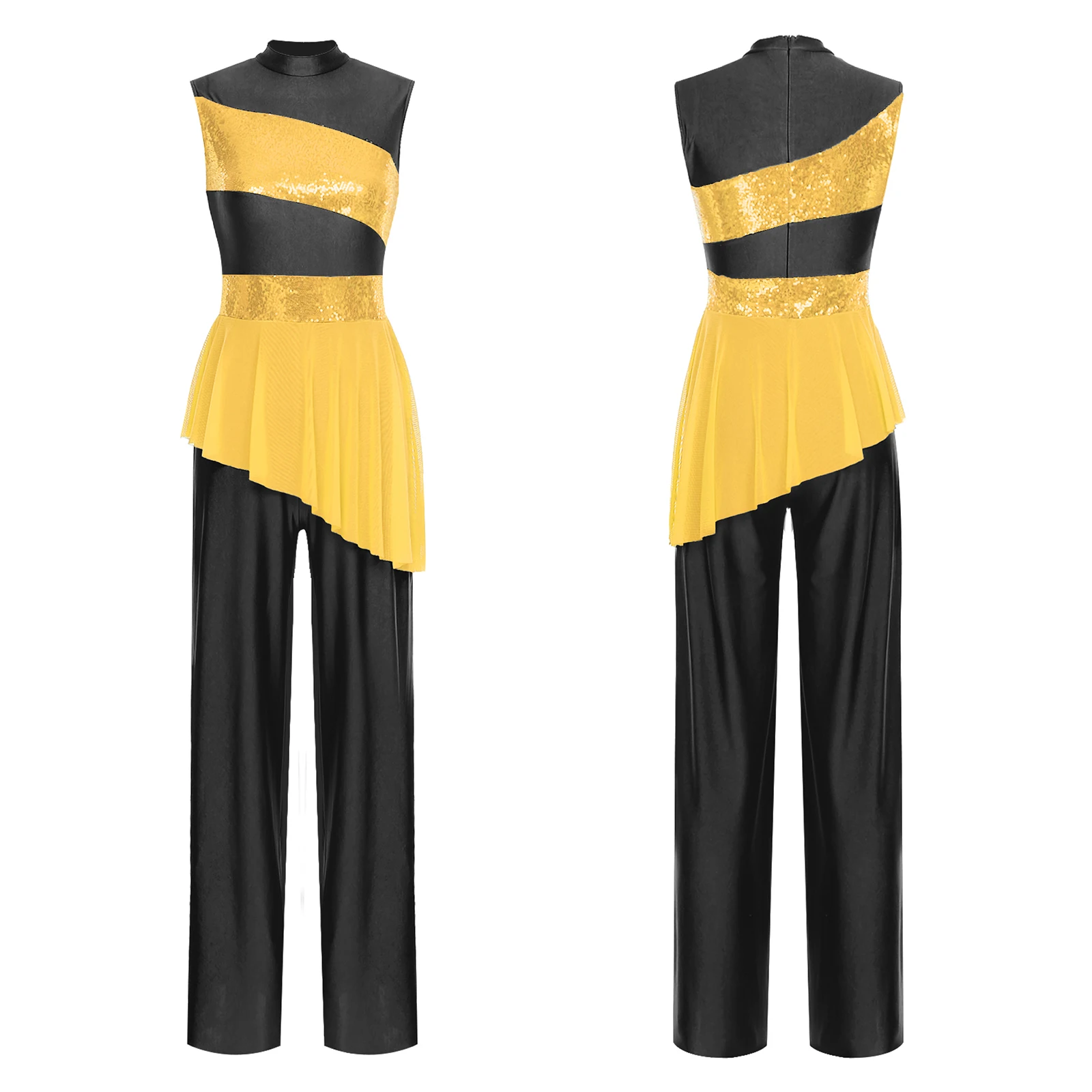 

One-Piece Women Jazz Dance Jumpsuit Lyrical Dance Rompers Sequined Mesh Overlay Trumpet Style Legs Back Zipper Dance Jumpsuit