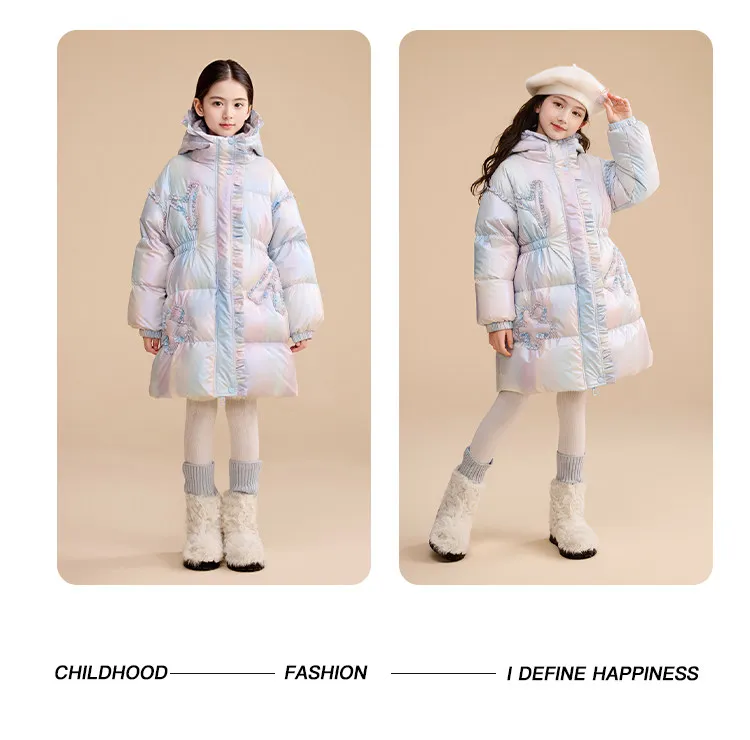Langer Daunenmantel mit Kapuze für Mädchen, 90 % weiße Entendaunen, warmer Winterparka mit Spitze und Rüschen, winddichte, dicke Oberbekleidung für Teenager und Kinder, A5123 – Detail 8