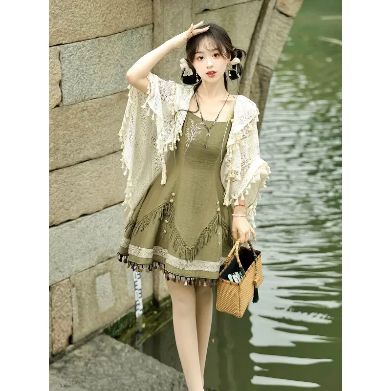 2024 Traditional Chinese Green Lolita Dress with White Tassel Shawl Women Summer Sweet Fairy Party Victorian Dresses Tea Party