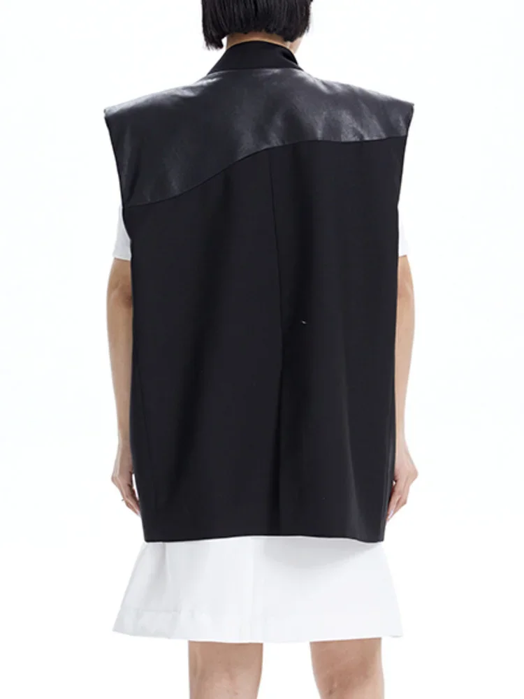   スタジオニュートラルスプライシングレザーウルダーワイドレディースベストルーズスーツカラーストリートスレコットンブレンドロングジャケット