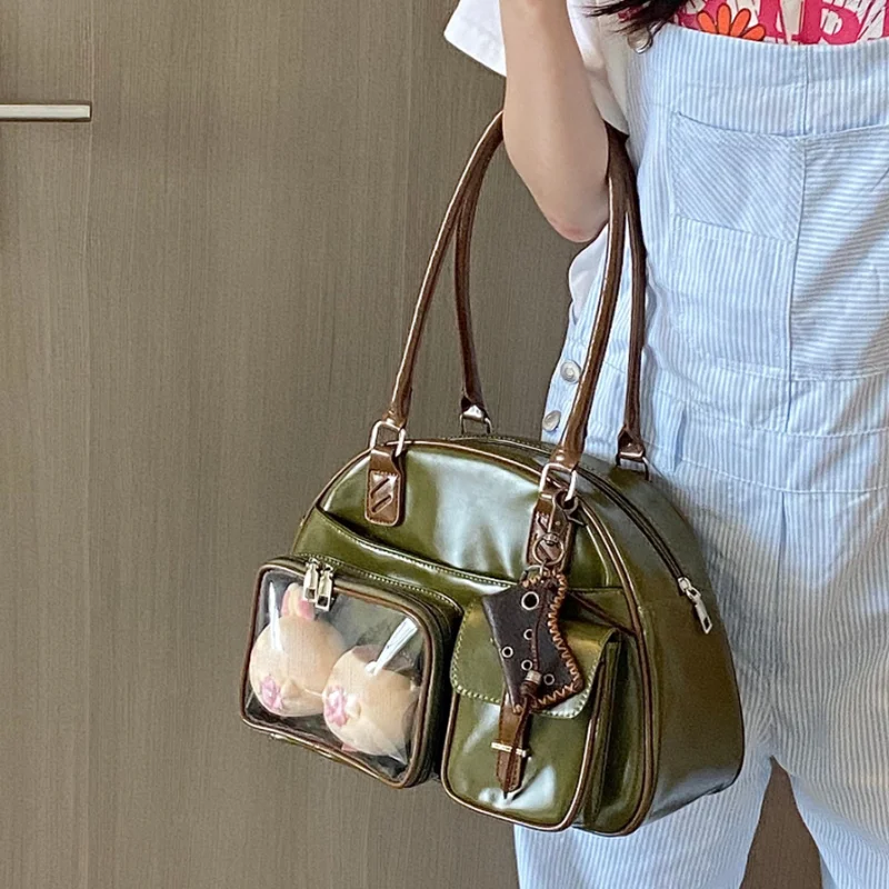 Retro Color-blocked Leather Ita Bag Transparent Pocket Shoulder Bag Korean Fashion Large Capacity Women's Bowling Handbag