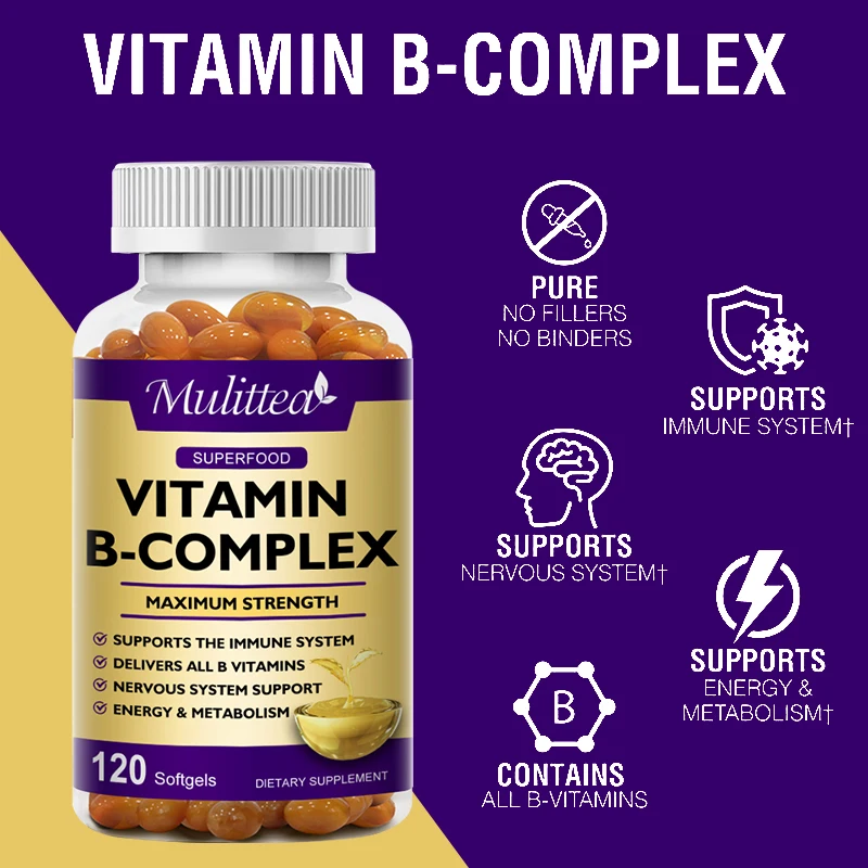Mulittea 3X Complex Vitamin B Supplements (B12 B2 B6) for Relieve Stress Improve Immunity System Energy Support