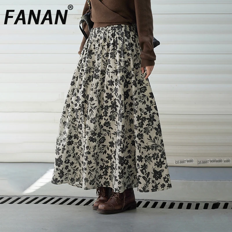 

FANAN Vintage Print Contrast Color Skirts For Women Elastic High Waist A-line Mid-length Female Clothing Fashion 2025 Autumn New
