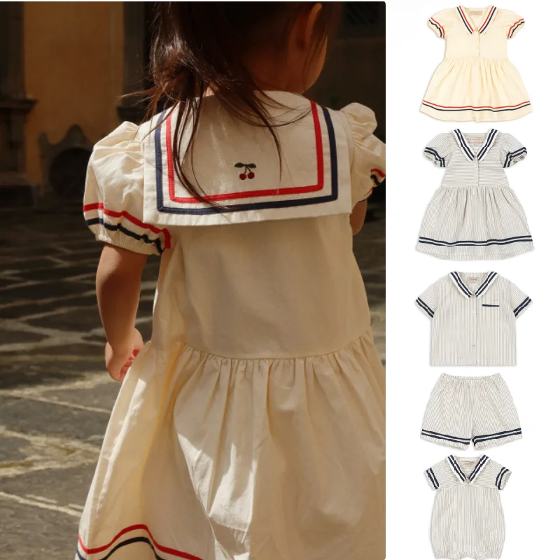 

Girls' Dress 2026 Summer New White Printed Fashionable Children's Princess Dress Cotton Cute Striped Short Sleeved Shorts set