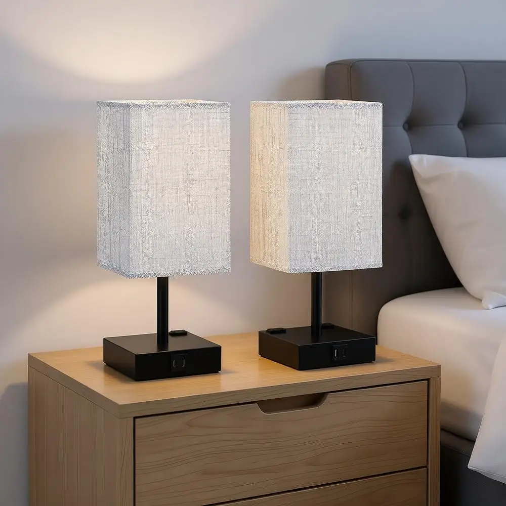Table Lamps Set of 2 - Touch Nightstand Lamp with USB C+A Charging Ports & AC Outlets, 3-Way Dimmable Desk Lamp with Grey Fabric