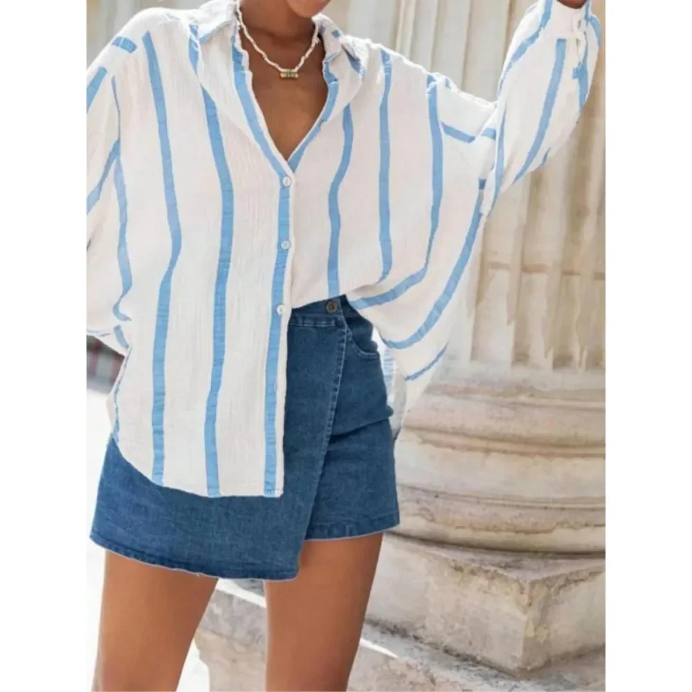 

Plus Size 1XL-5XL Women's Fashion All Season Striped Loose Blouse Shirts Ladies Casual Long Sleeved Lapel Shirt