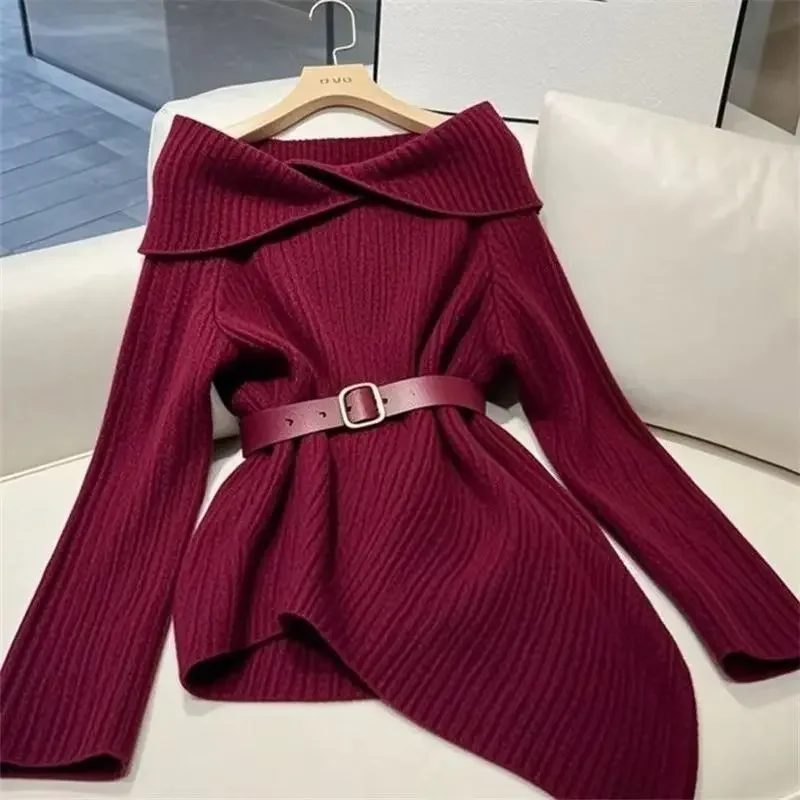 Retro Wine Red Wool Knit Sweater Women Autumn New Design Off Shoulder Knitted Pullover Belt Irregular Knitwear