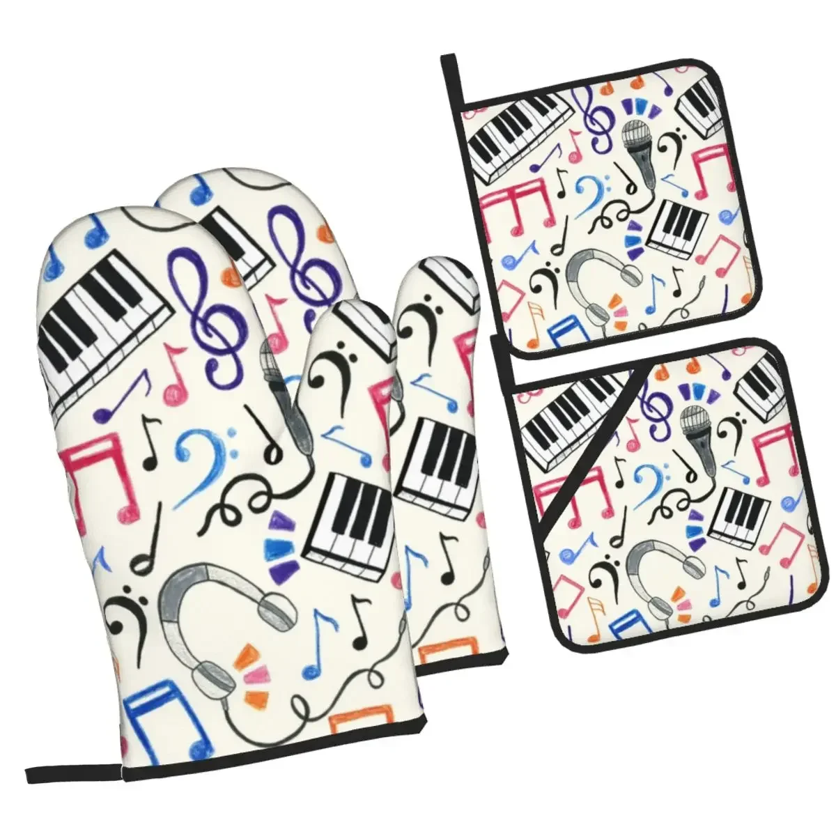 

Музыкальные ноты и символы Good Beats, наборы из 4 рукавиц для духовки и держателей для кастрюль для выпечки, кухни, приготовления пищи, устойчивых к грилю перчаток