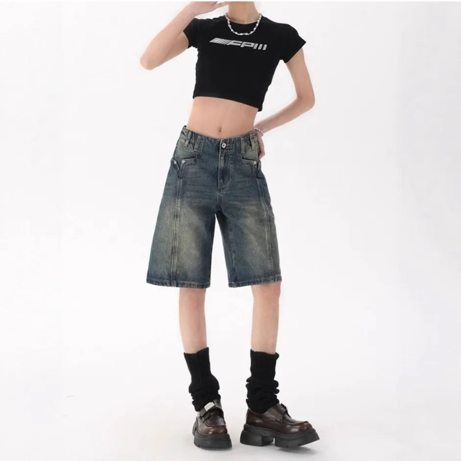 

American Style Retro Denim Five-Point Shorts Women's Summer New Loose Wide Leg Pants High Waist Slimming Outerwear Shorts