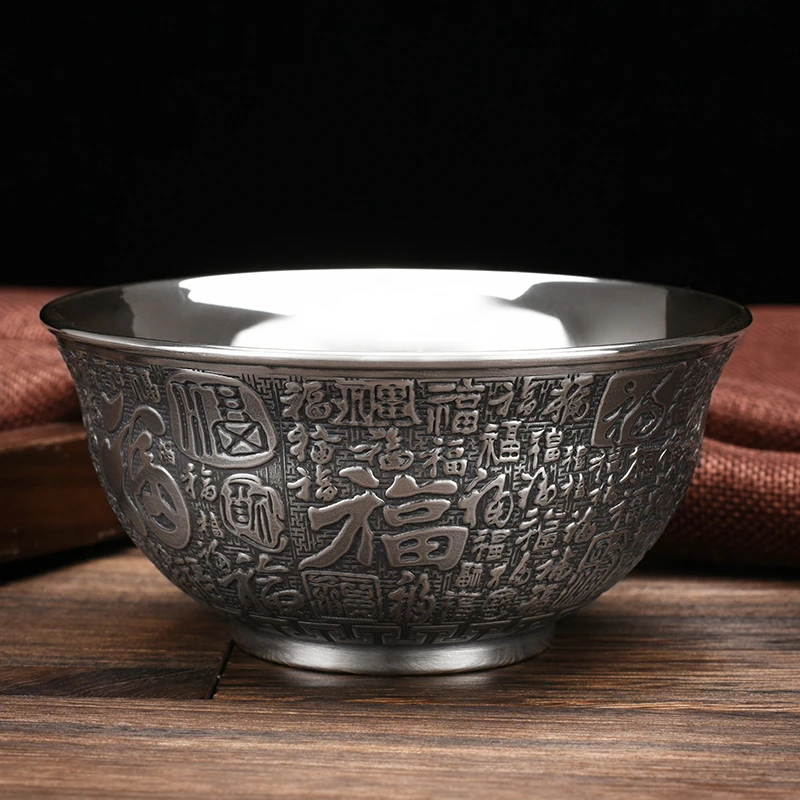 Big Momofuku sterling silver bowl single relief S999 high-grade double insulation baby students sterling silver tableware househ