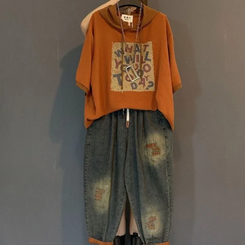 

Vintage Plus Size Jeans Set Women's Two-Piece Outfit Casual Suit Denim Pants Ladies Hooded T-Shirt Printed Jeans Sets