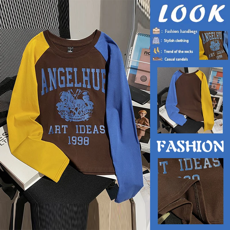 Loose Fit Color Block Letter round Neck Long Sleeve T-Shirt Slimming Versatile Korean Style Women's Fashion Sun Protection Top