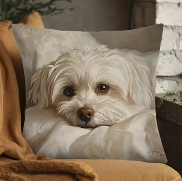 Maltese Dog Pillow Cover Beige and White Art Print Soft Square Cushion Case with Zipper No Insert for Valentine'S Day pillowcase
