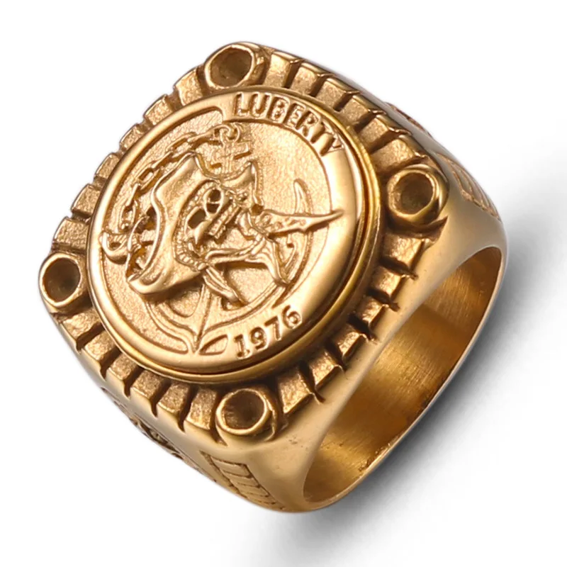 Hip Hop Bling Gold Farbe Edelstahl Lubertät 1976 Piraten schädel quadratische Ringe für Männer Rock Schmuck Größe 8-12