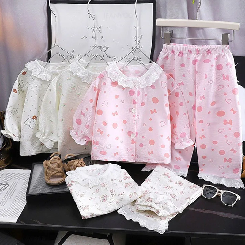 

Girls Home Clothes Set New Loose Thin Baby Pajamas Kids Lace Floral Princess Children Air Conditioner Long Sleeve+Pants