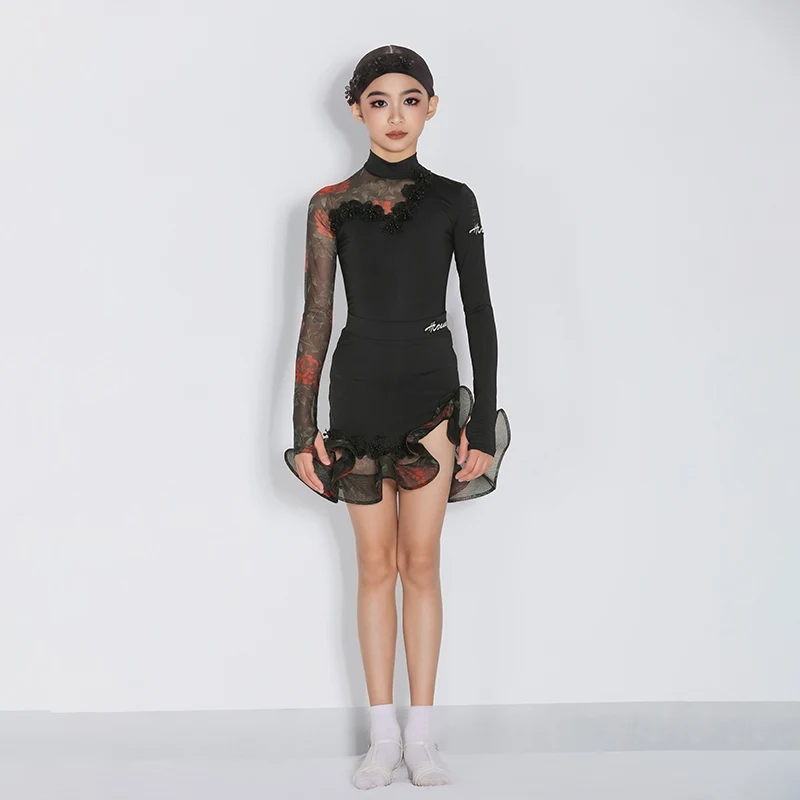 Meisjes Latin Dansvoorstelling Pak Lange Mouwen Bodysuit Mesh Rokken Pak Chacha Rumba Tango Jurk Kinderen Latin Kleding DN19538