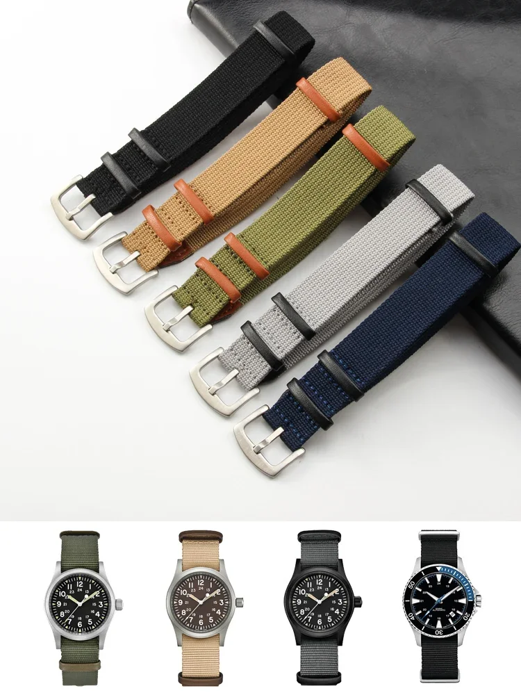 20mm 22mm Woven Nylon Genuine Leather Watch Strap for Rolex Seiko Hamilton Omega Khaki Field Retro Men Waterproof Strap