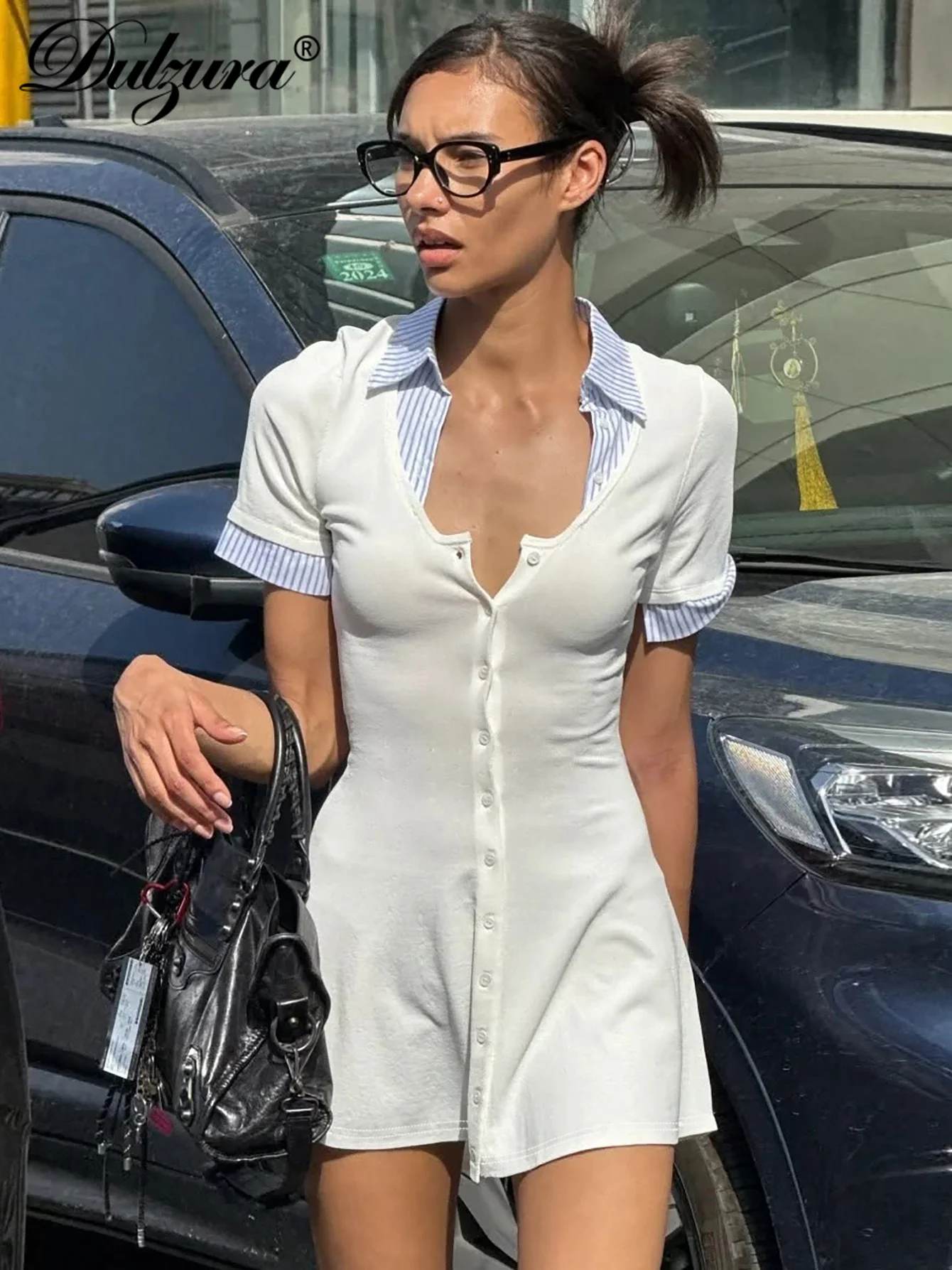 Dulzura, moda de verano, elegante, cuello vuelto, manga corta, un solo pecho, ajustado, Mini vestido camisero, ropa de calle para fiesta y Club