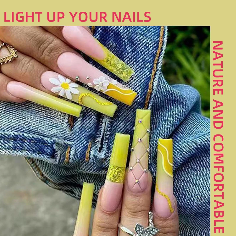 

Bright Yellow Fresh Chrysanthemum Handmade Press on Nails Wearing Armor French Gradient Water Diamond Cute Nail Art Fake Nail