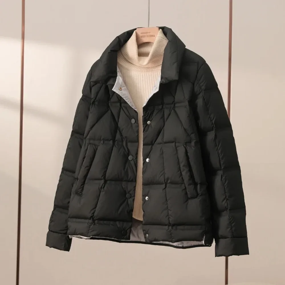 2024 Autumn Winter Lightweight Puffer Jacket Women Stand Collar Long Sleeve Single Breasted Duck Down Coat Female Short Parkas