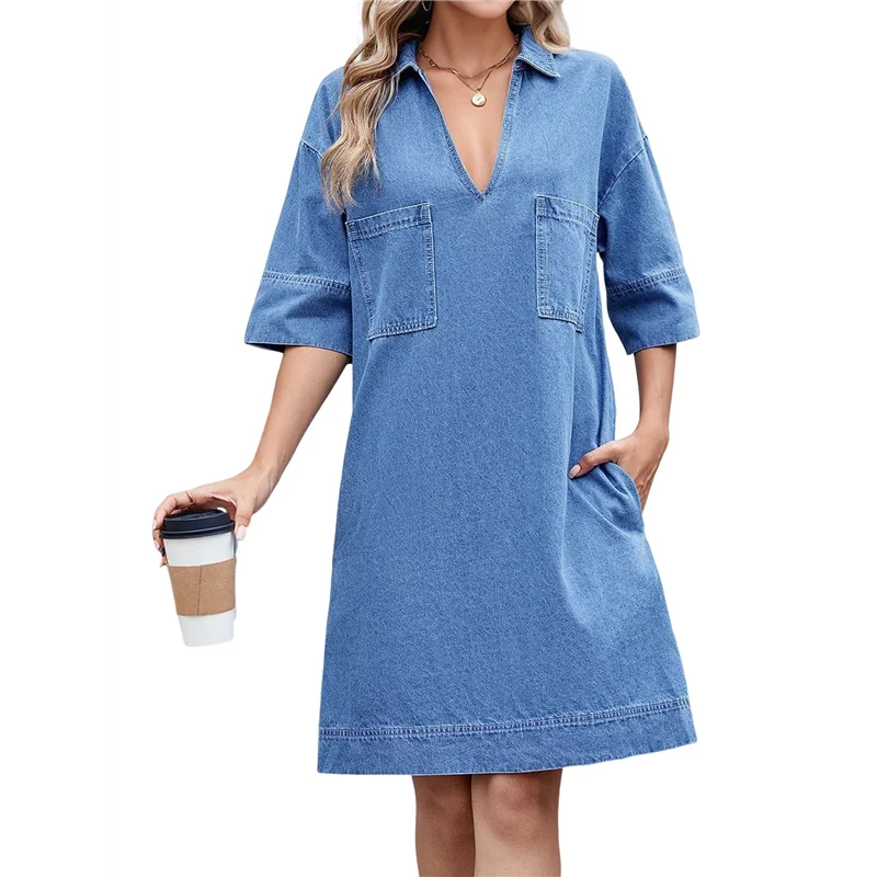 فستان قميص نسائي من قماش الدنيم صيفي بياقة على شكل V فساتين جينز كاجوال صغيرة مع جيوب