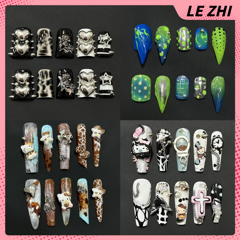 

Y2K Spice Girl Long Coffin Dragon Claw Duckbill Shape Handmade Press On Nails 3D Flowers Diamond Rhinestone Detachable Fake Nail