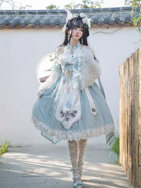 Original Chinese Style Bow Embroidery Lace Trimmed Puff Sleeves Lolita Dress Women Sweet Improved Cheongsam Hanfu Dresses