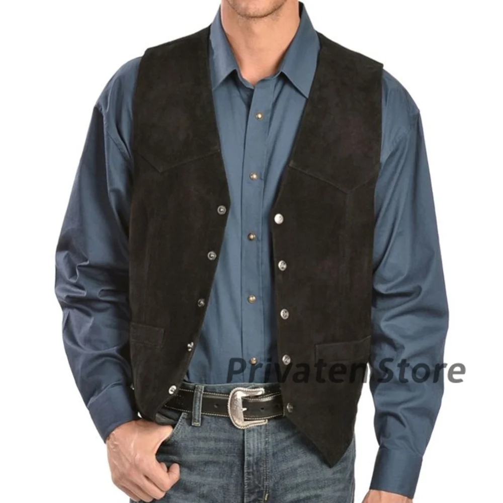 Men's Vest Suede Black Leather All Season Classical Vintage Western Cowboy Waistcoat Gilet Sleeveless Jacket chaleco