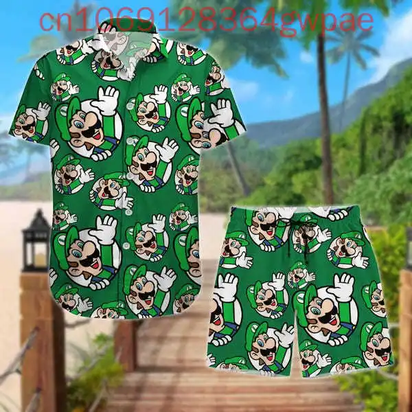 Super Mario Princess Peach Hawaiian Shirt Shorts Set Summer Men's Women's Casual Short Sleeve Beach Shirt Shorts Two-Piece Set